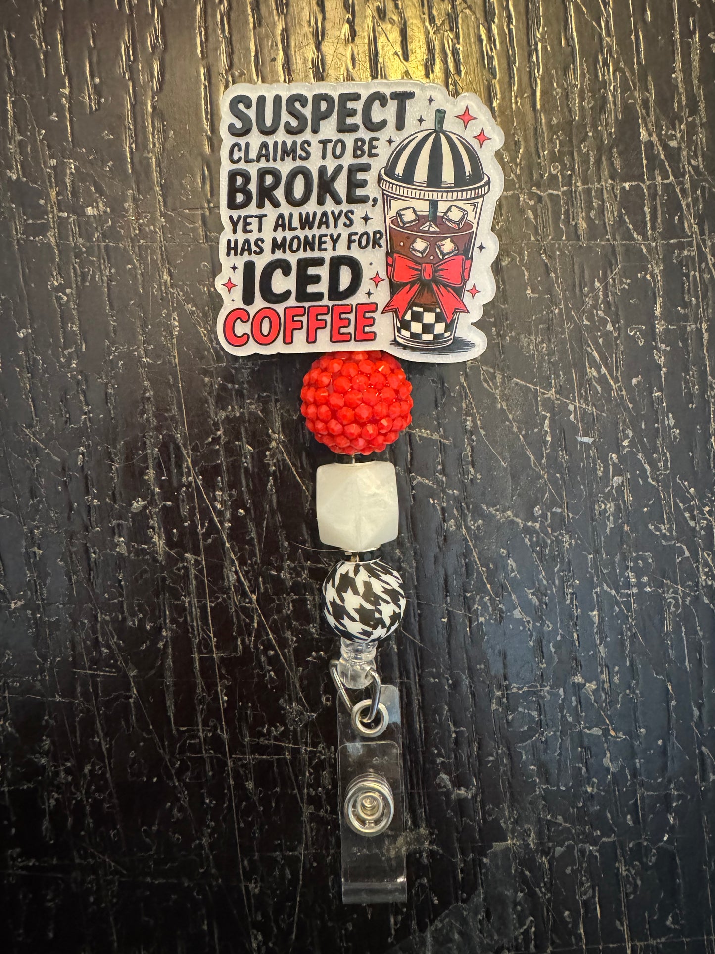 Iced coffee badge reel