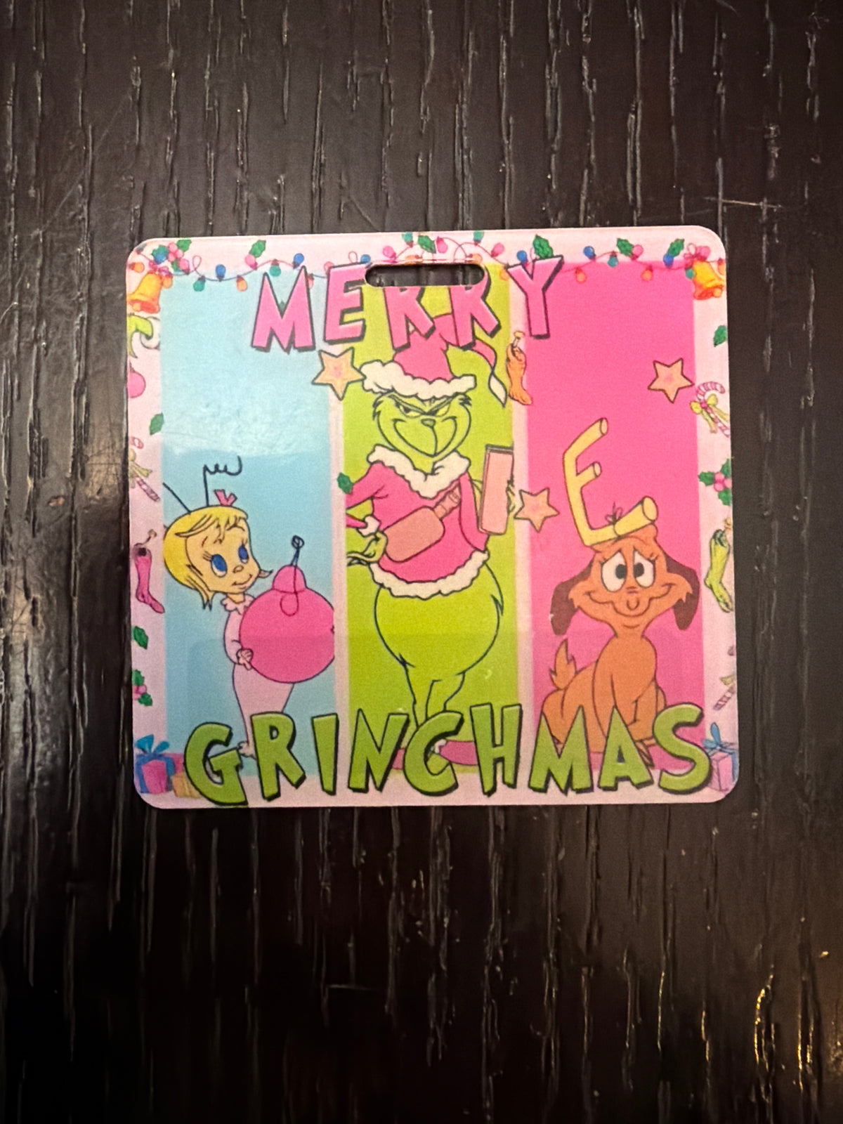 Christmas Grinch double sided holographic badge buddy