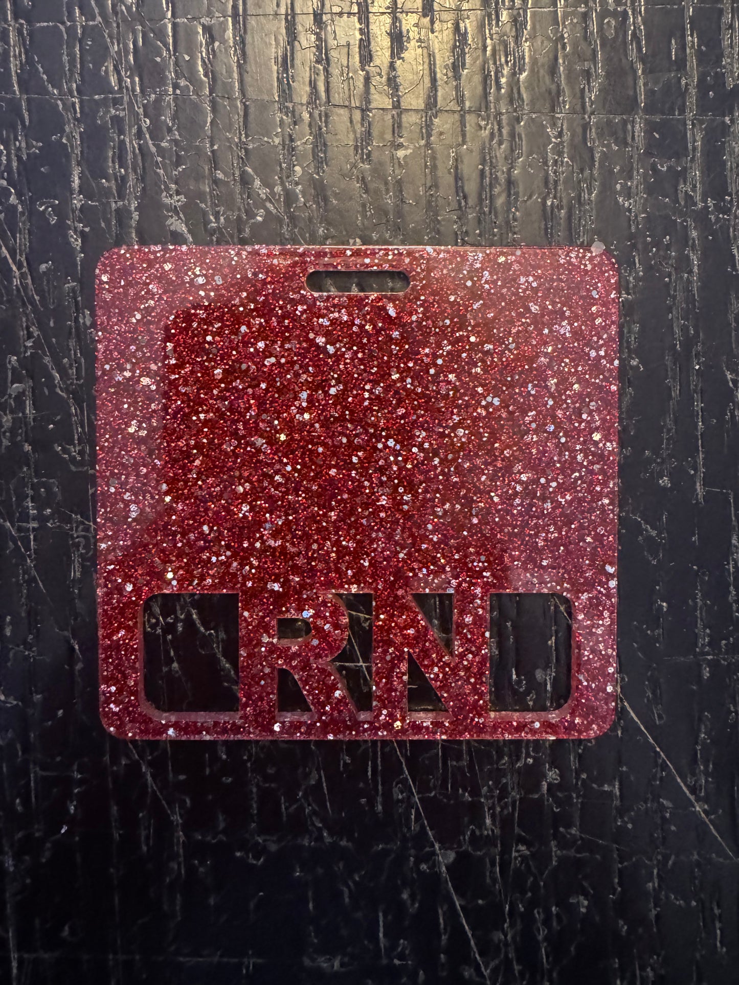 Red and silver glitter RN badge buddy