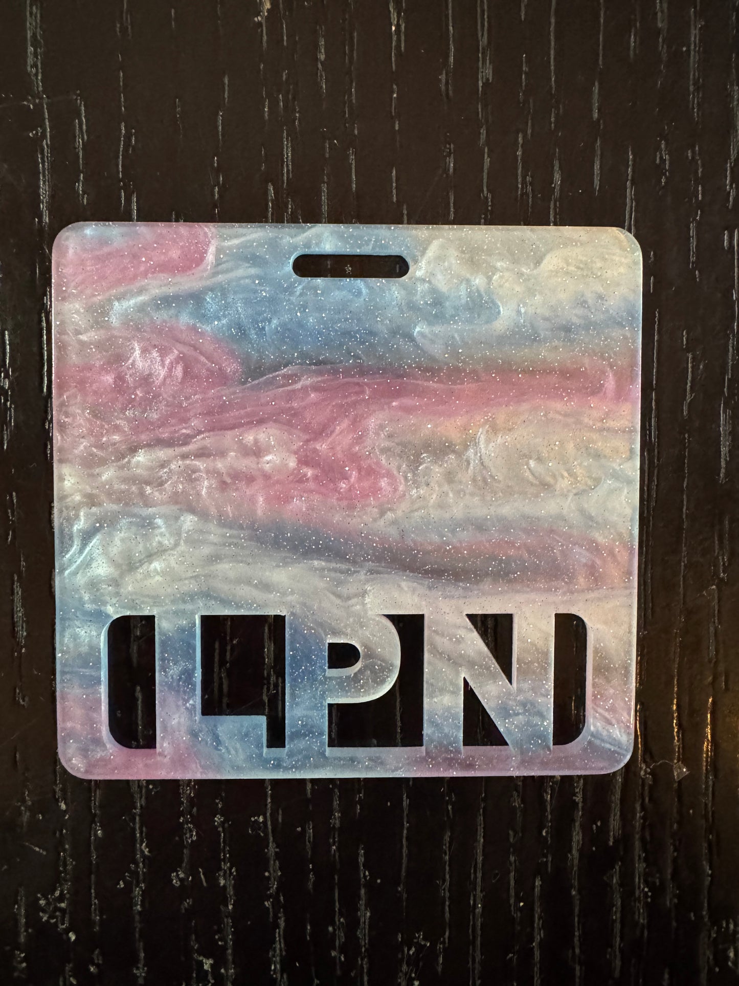 LPN pink & blue marble badge buddy