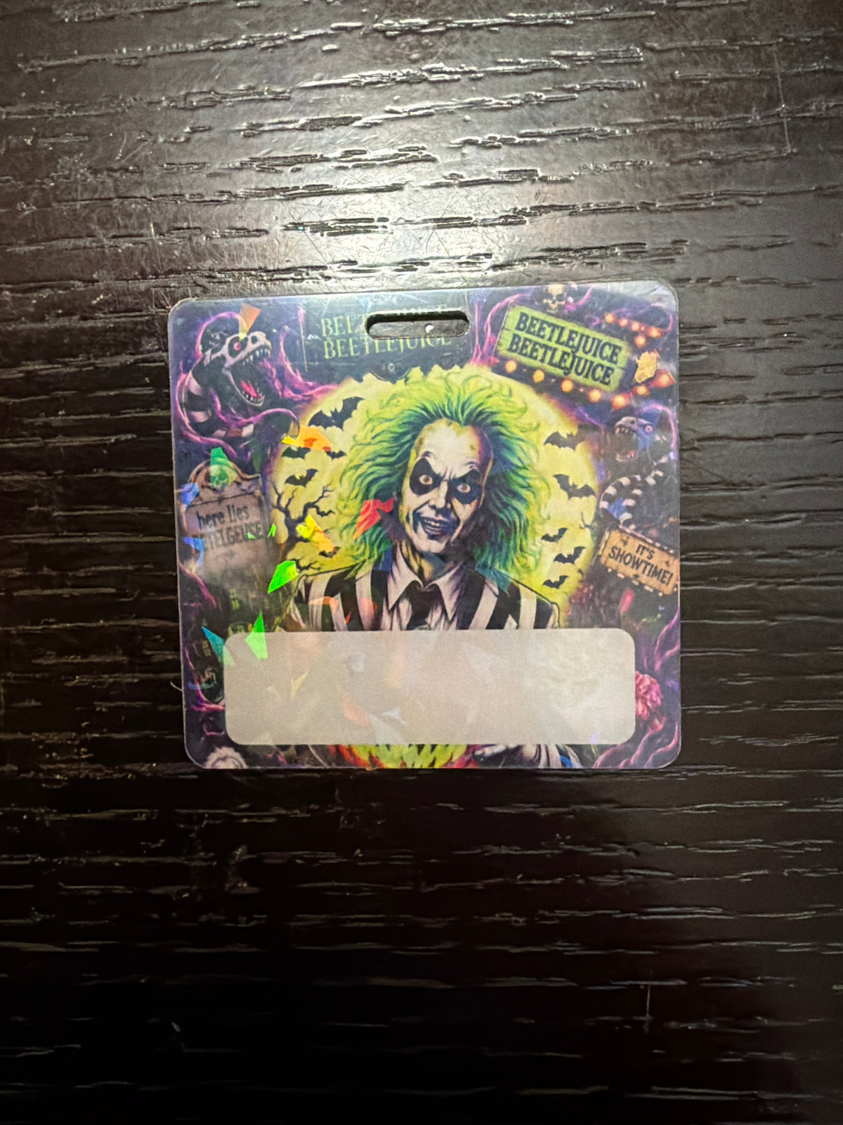 Beetlejuice holographic badge buddy