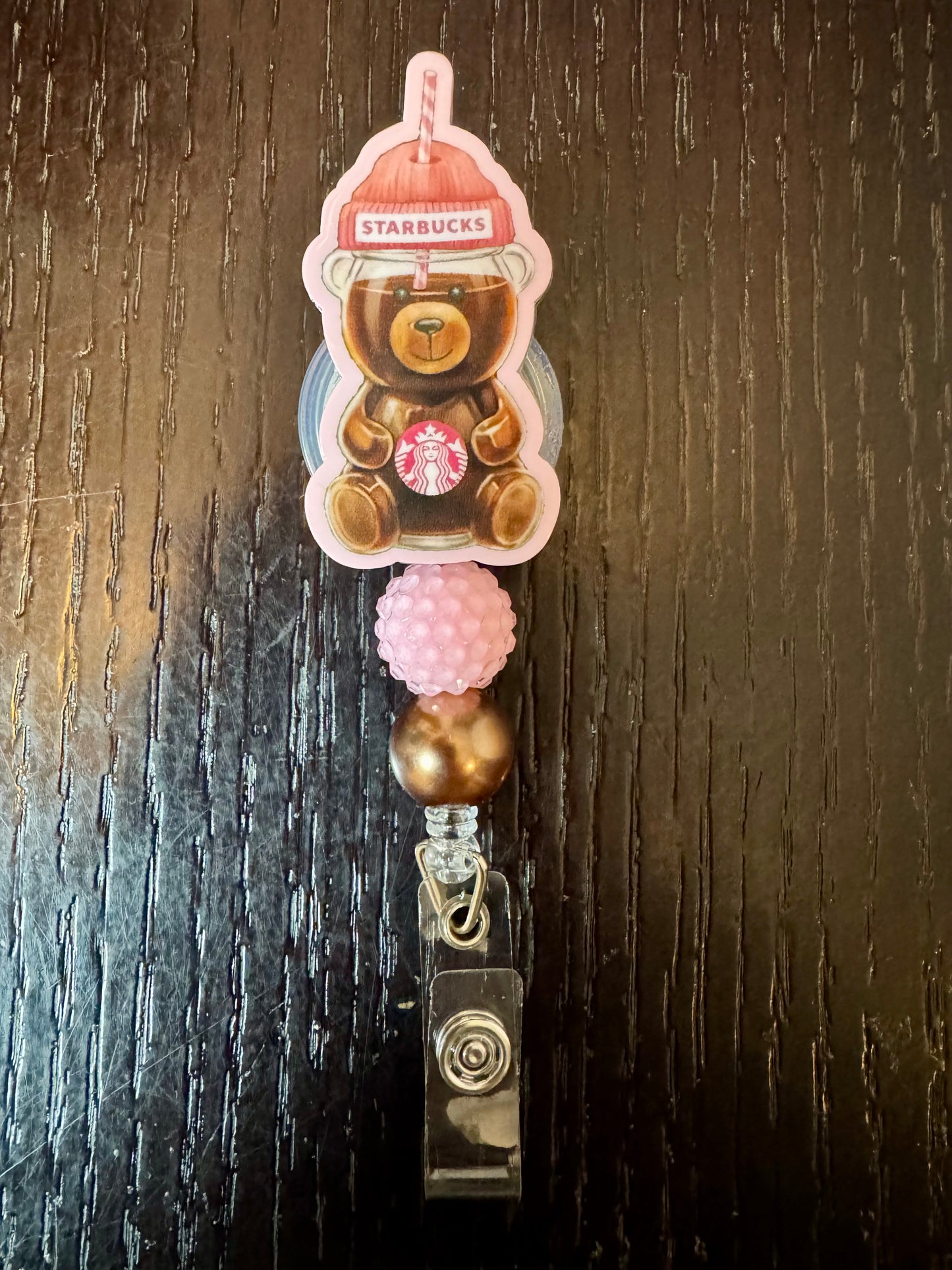 Starbucks bear (pink) badge reel