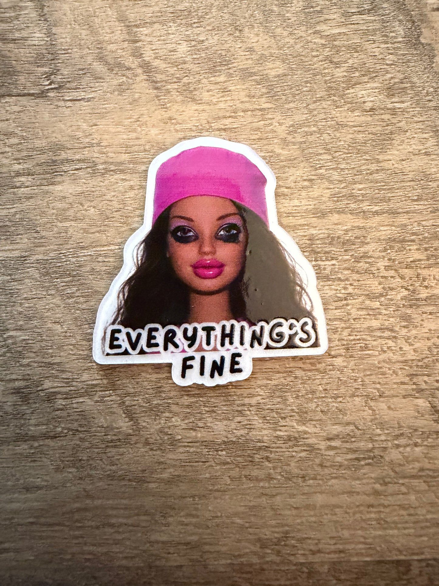 Barbie Everything’s fine badge reel