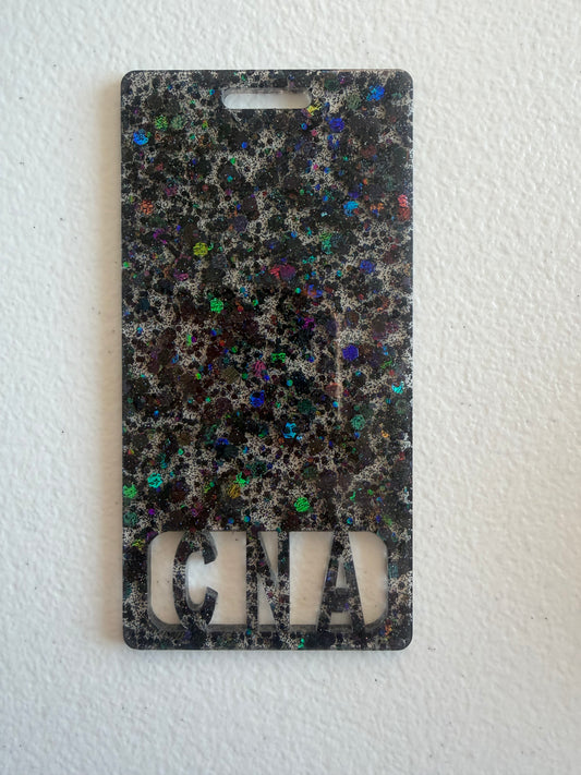 CNA vertical badge buddy (black glitter)