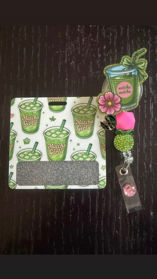 Matcha badge reel and Matcha Girlie badge buddy