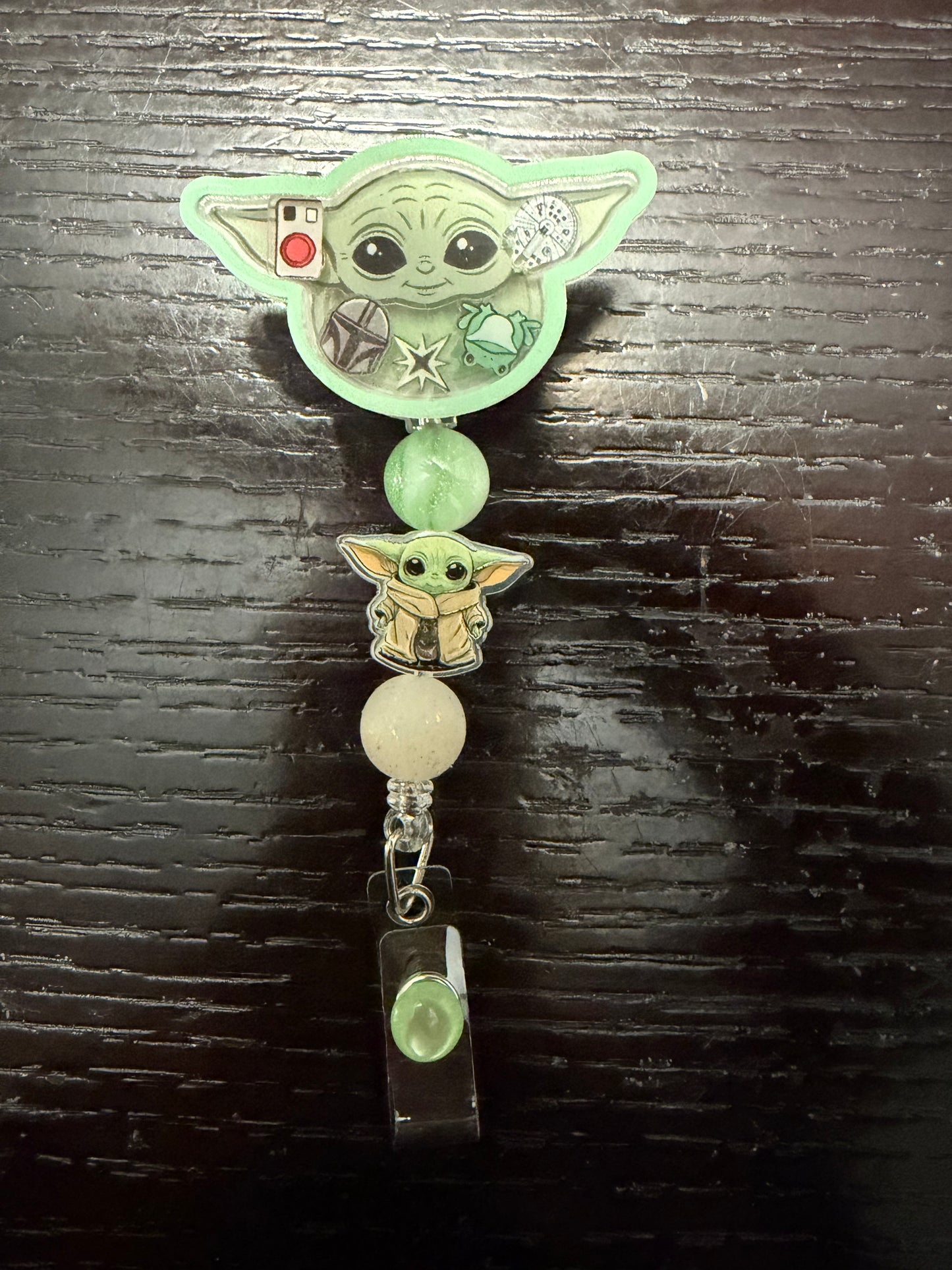 Baby Yoda shaker badge reel